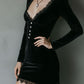 Chic Pleat Waist Black Velvet Mini Dress With Lace Trim