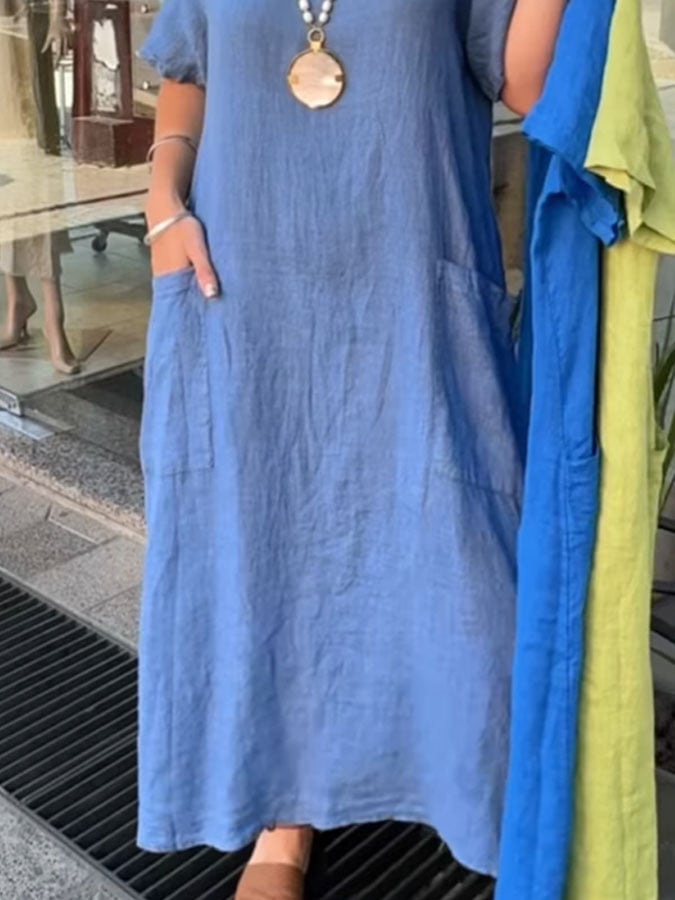 Women'S Casual Solid Color Round Neck Short Sleeve Cotton And Linen Dress