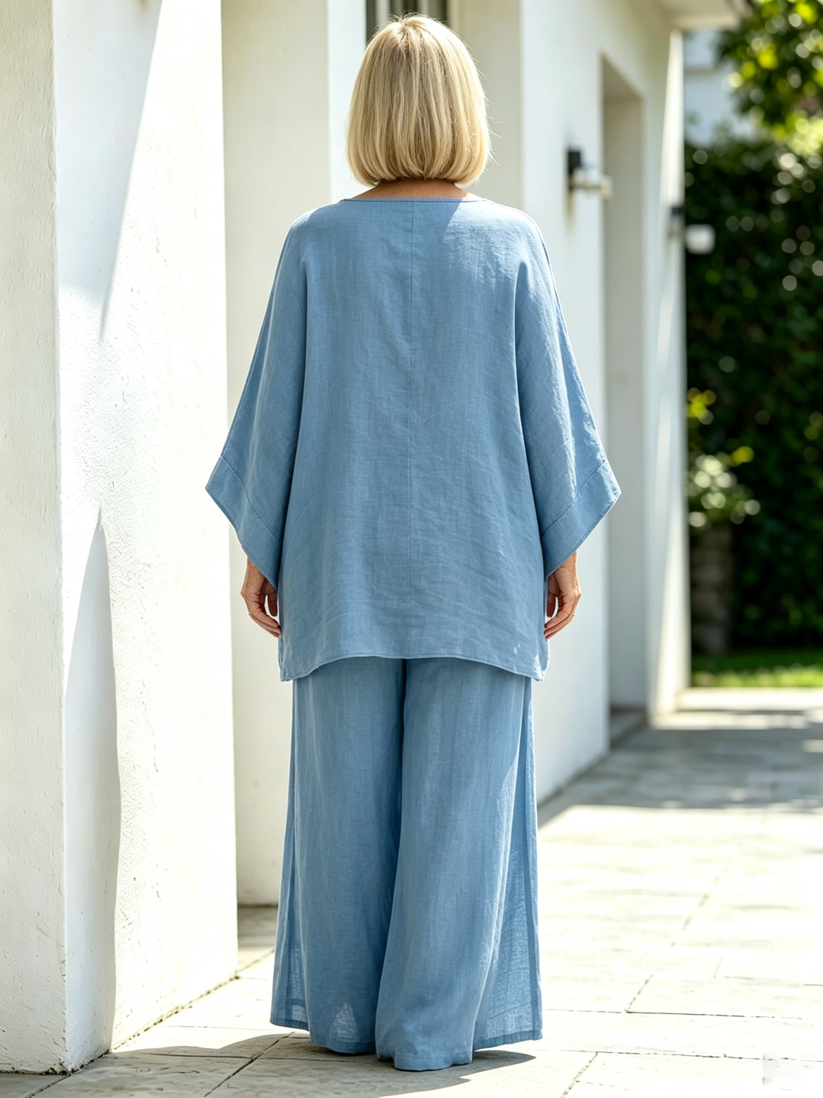 2Pcs Elegant Women Solid Linen‐Blend Two‐Piece Set, Oversized Batwing Sleeve Uneven Hem Tunic Blouse, Breathable Flowy Wide Leg Floor‐Length Pants, Loose Comfortable Casual Co‐ord Suit for Beach Holiday Daily Street Wear