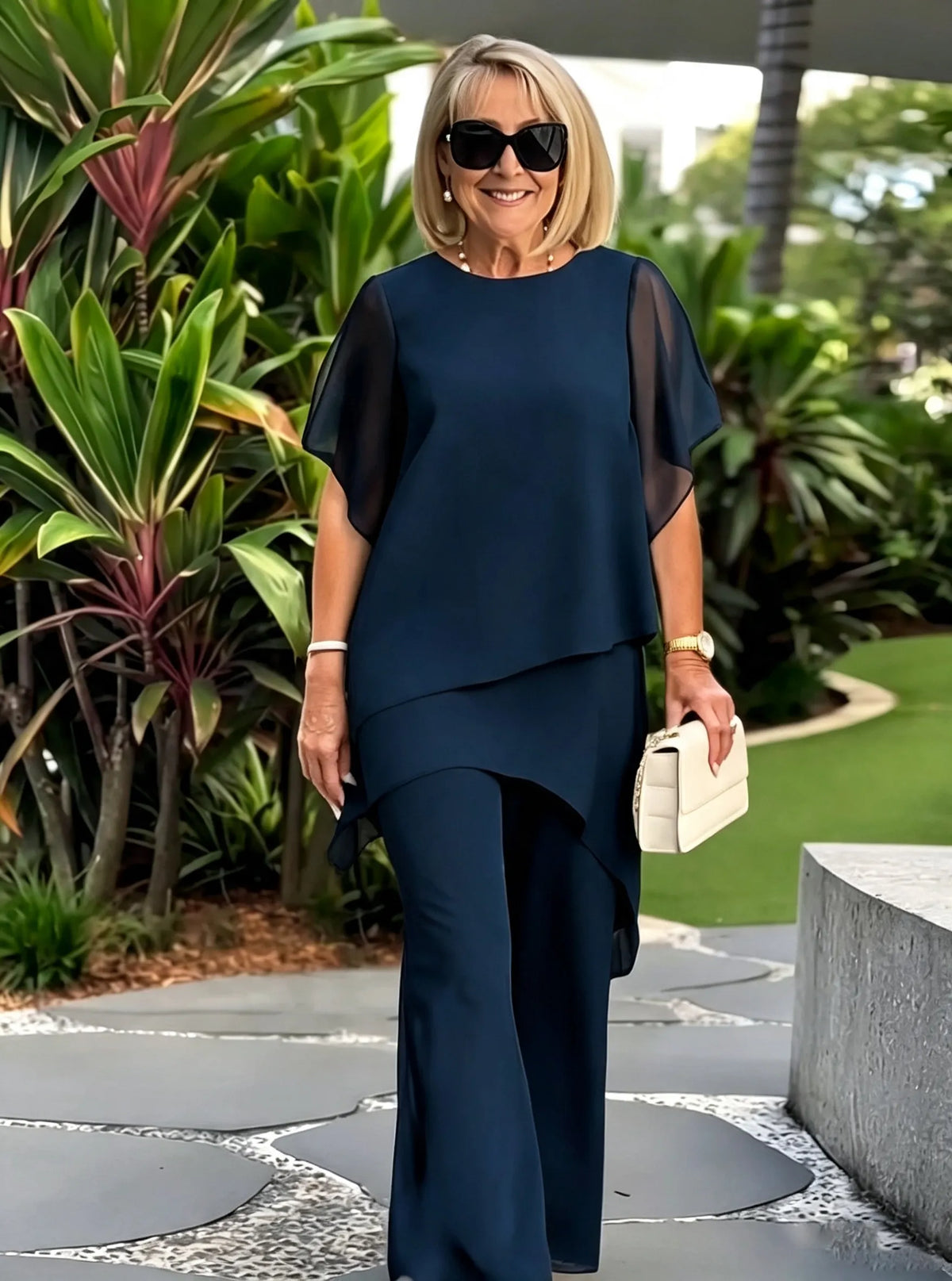 Women's 2 Piece Chiffon Pants Set, Round Neck Sheer Flutter Sleeve Asymmetric Double Layer Tunic Top & Wide Leg Trousers, Elegant Loose Matching Outfit for Wedding Guest Formal Occasions