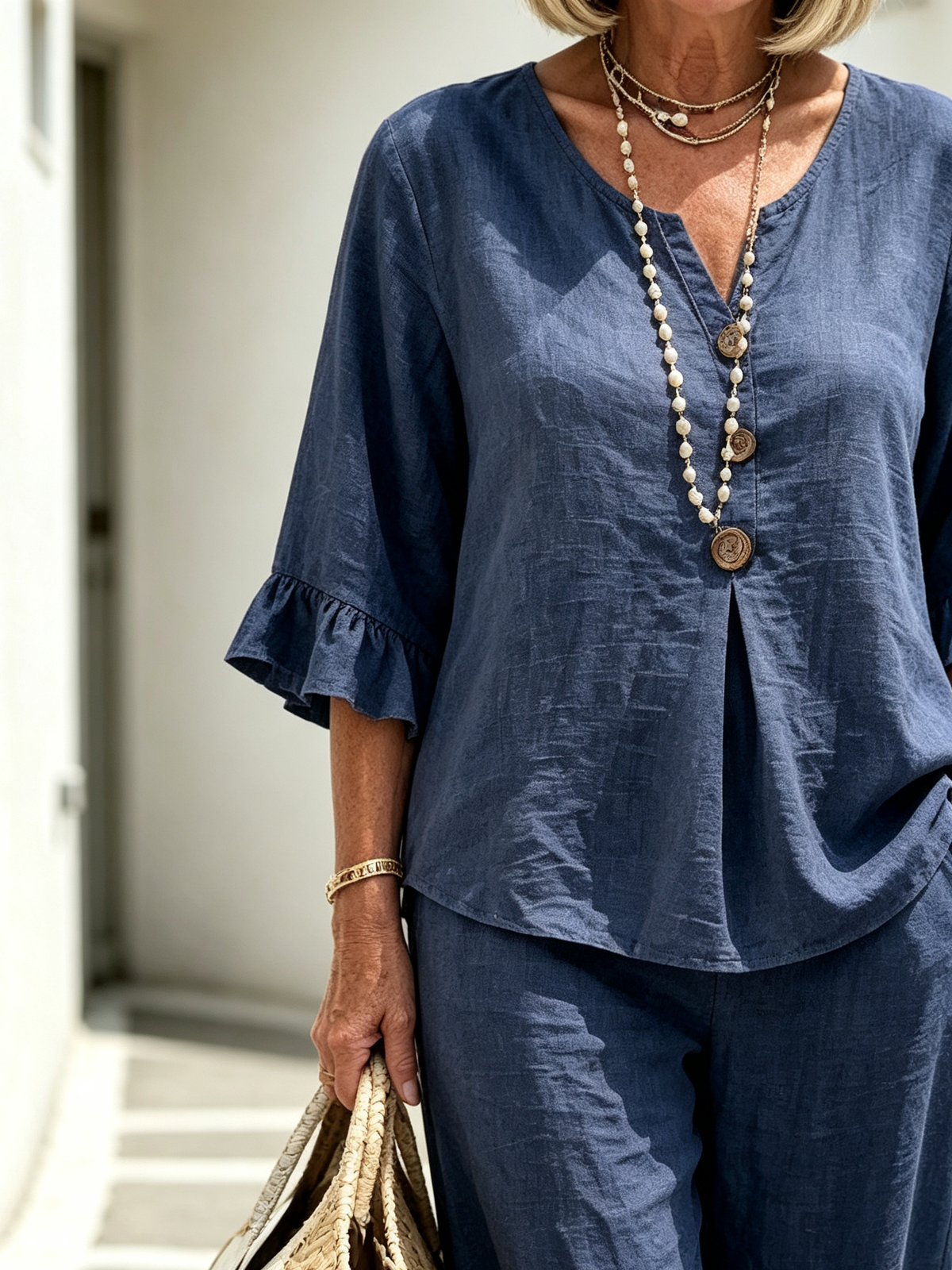 Women's Casual Button V-Neck Ruffle Women Summer Linen Two-Piece Outfit Set, V-Neck Wooden Button Front Ruffle 3/4 Sleeve Loose Casual Top & Matching Wide Leg Long Pants, Lightweight Breathable Textured Fabric High-End Seven-Sleeve Linen Top Two-piece Set