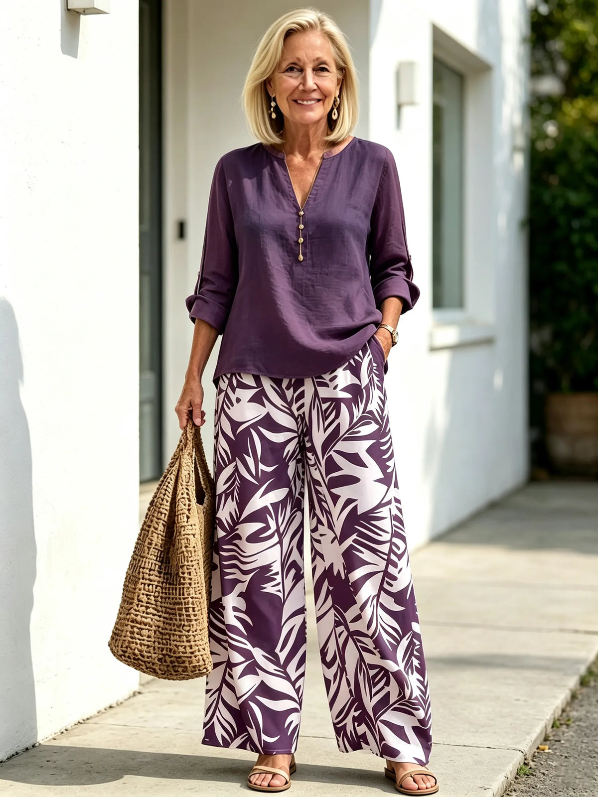 Plant-printed V-neck Vest Straight-leg Pants, Casual and Comfortable Suit
