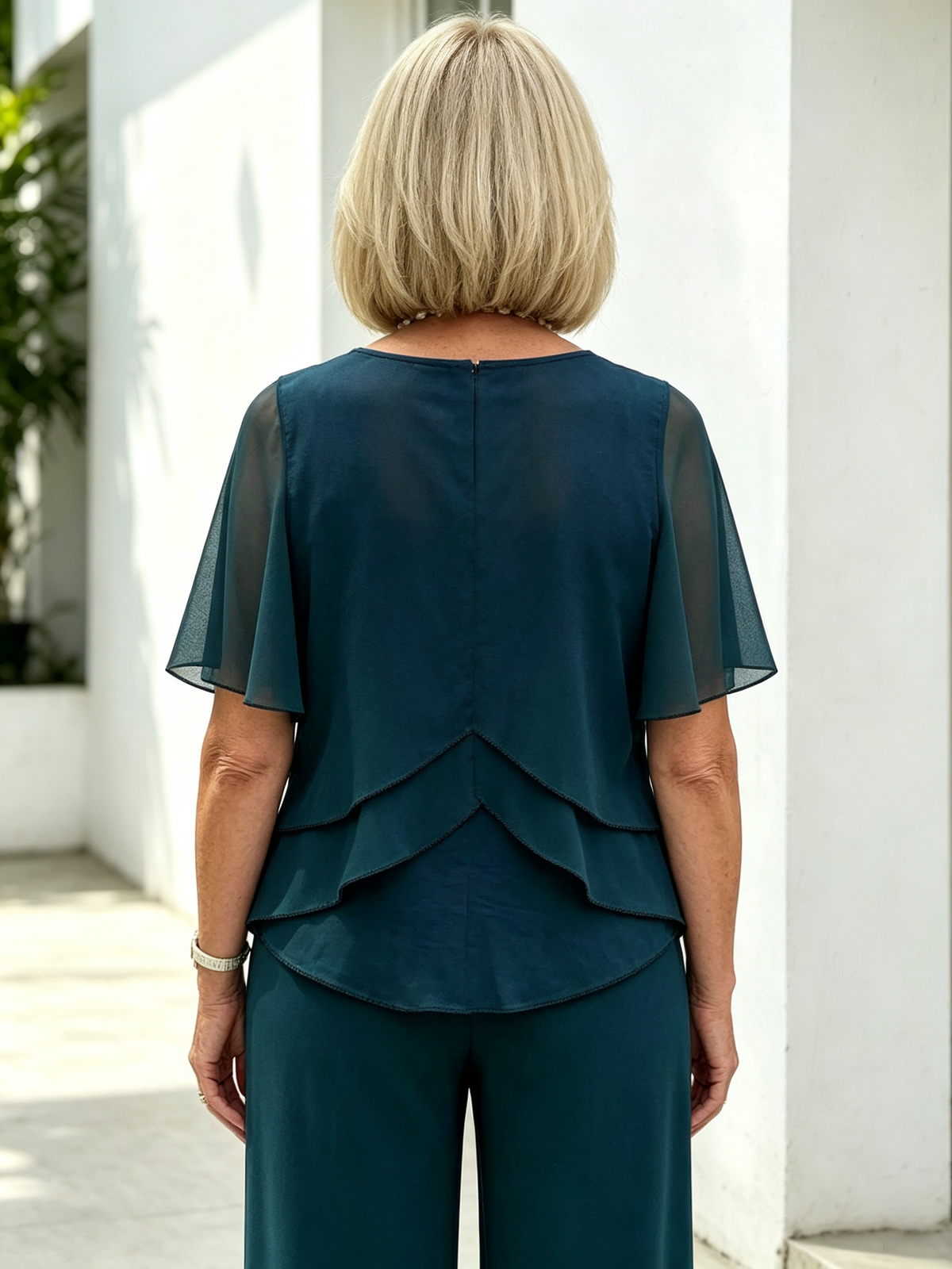 2 Piece Outfit Set, Round Neck Chiffon Flutter Short Sleeve Top, Multi-layer Ruffled Irregular Hem, High Waist Straight Wide Leg Long Trousers, Lightweight Sheer Fabric, Elegant Flowy Pant Suit for Wedding Guest and Formal Occasions