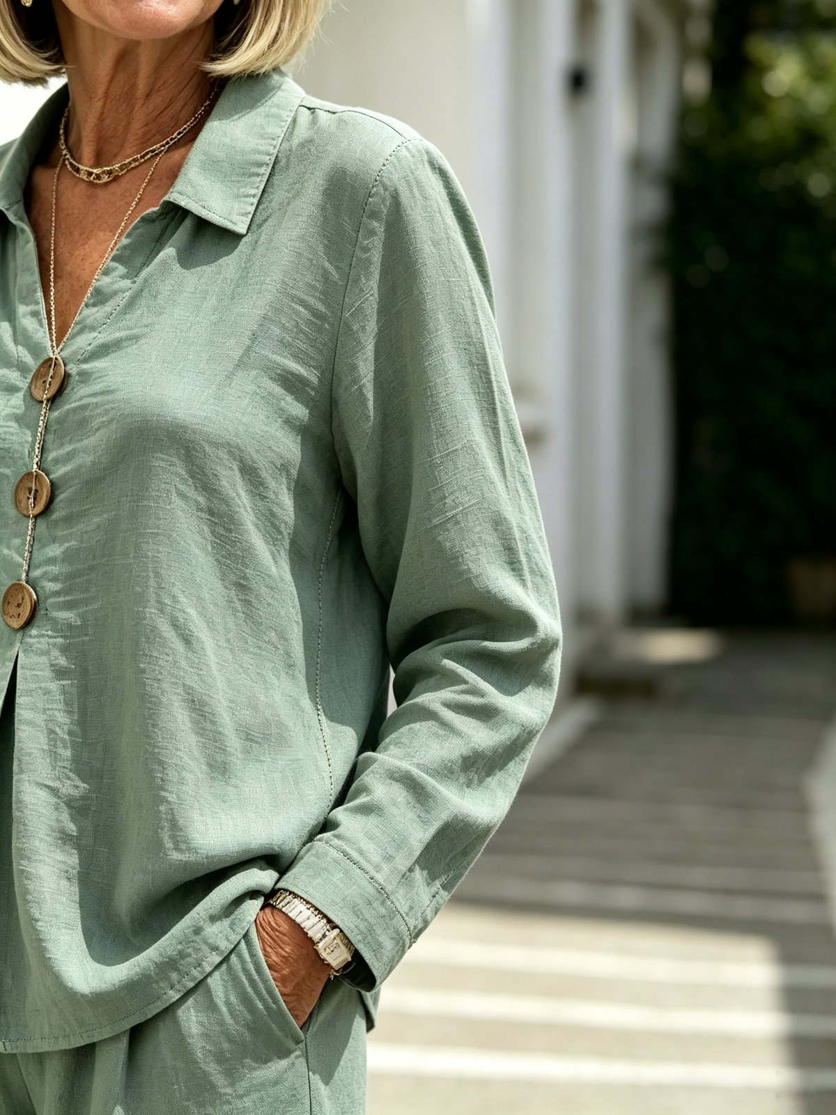 2 Piece Casual Outfit Set, Polo Collar Long Sleeve Button Front Blouse, Loose Solid Color Top, Elastic High Waist Wide Leg Trousers, Full Length Palazzo Pants, Soft Lightweight Textured Fabric, Relaxed Fit Matching Suit for Daily Wear, Vacation and Commut