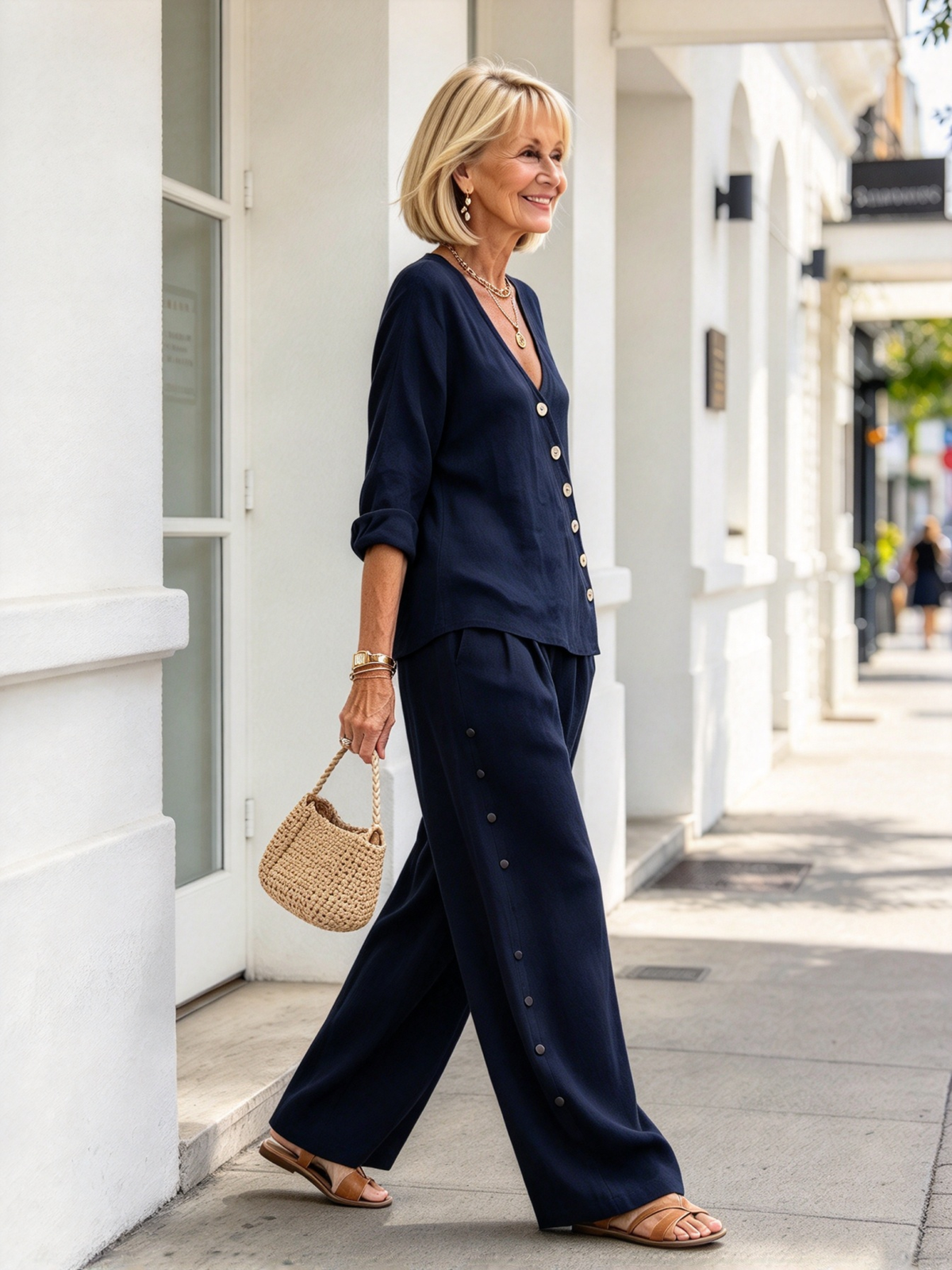 Minimalist Temperament Cotton and Linen V-neck Diagonal Button-up Shirt Wide-leg Pants Two-piece Set