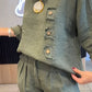 Women's Casual Solid Color Round Neck Mid Sleeve Long Pants Cotton and Linen Two-piece Set