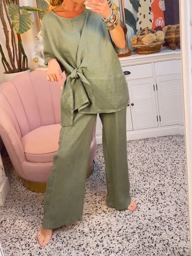 Women'S Solid Color Round Neck Side-Slit Knotted Cotton And Linen Two-Piece Set