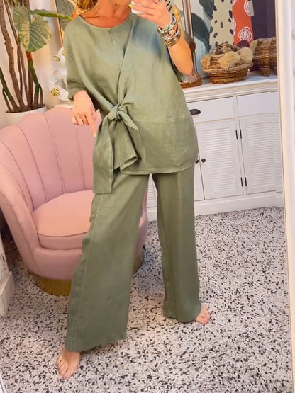 Women'S Solid Color Round Neck Side-Slit Knotted Cotton And Linen Two-Piece Set