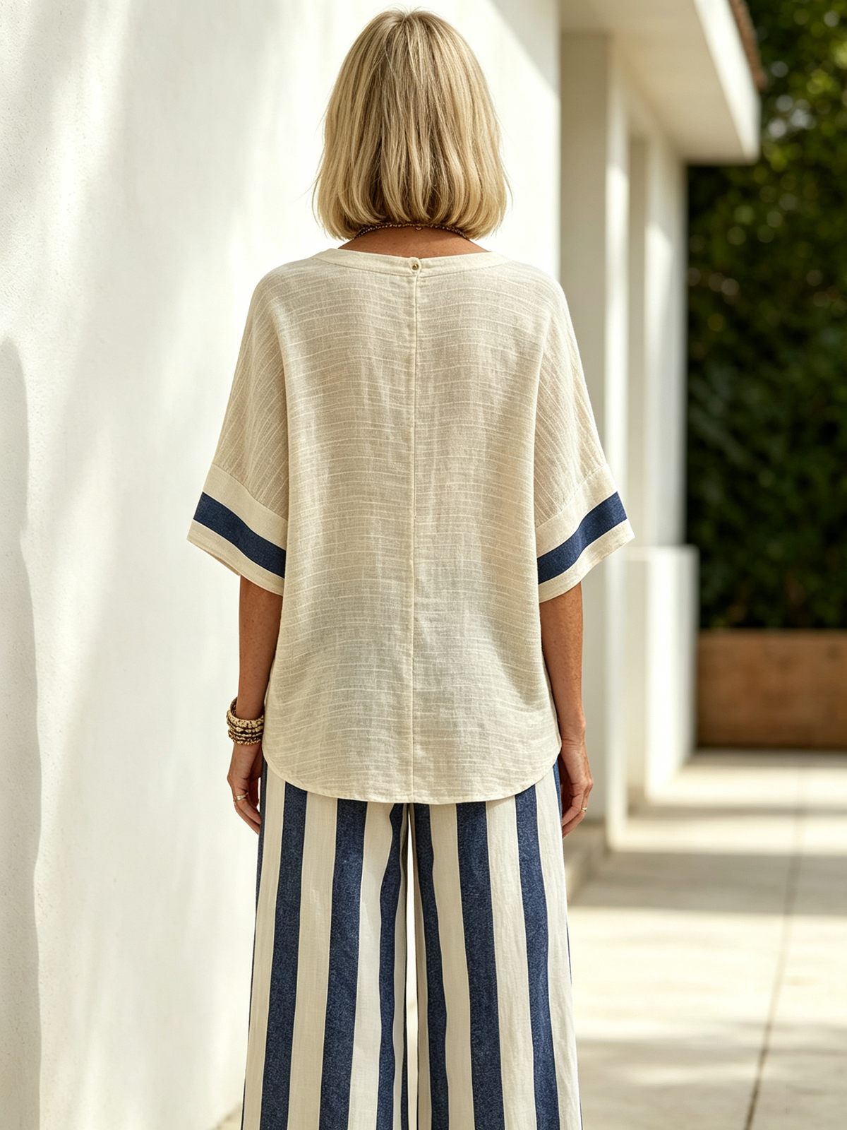 2Pcs Casual Cotton Linen Outfits Short Sleeve Loose Top with Striped Wide Leg Pants Set Summer Beach Vacation Holiday Streetwear Matching Sets