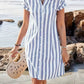Women's Casual V-neck Short Sleeve Striped Print Contrast Color Cotton and Linen Dress