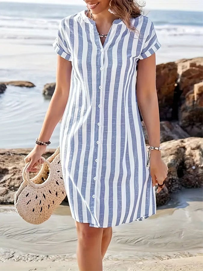 Women's Casual V-neck Short Sleeve Striped Print Contrast Color Cotton and Linen Dress