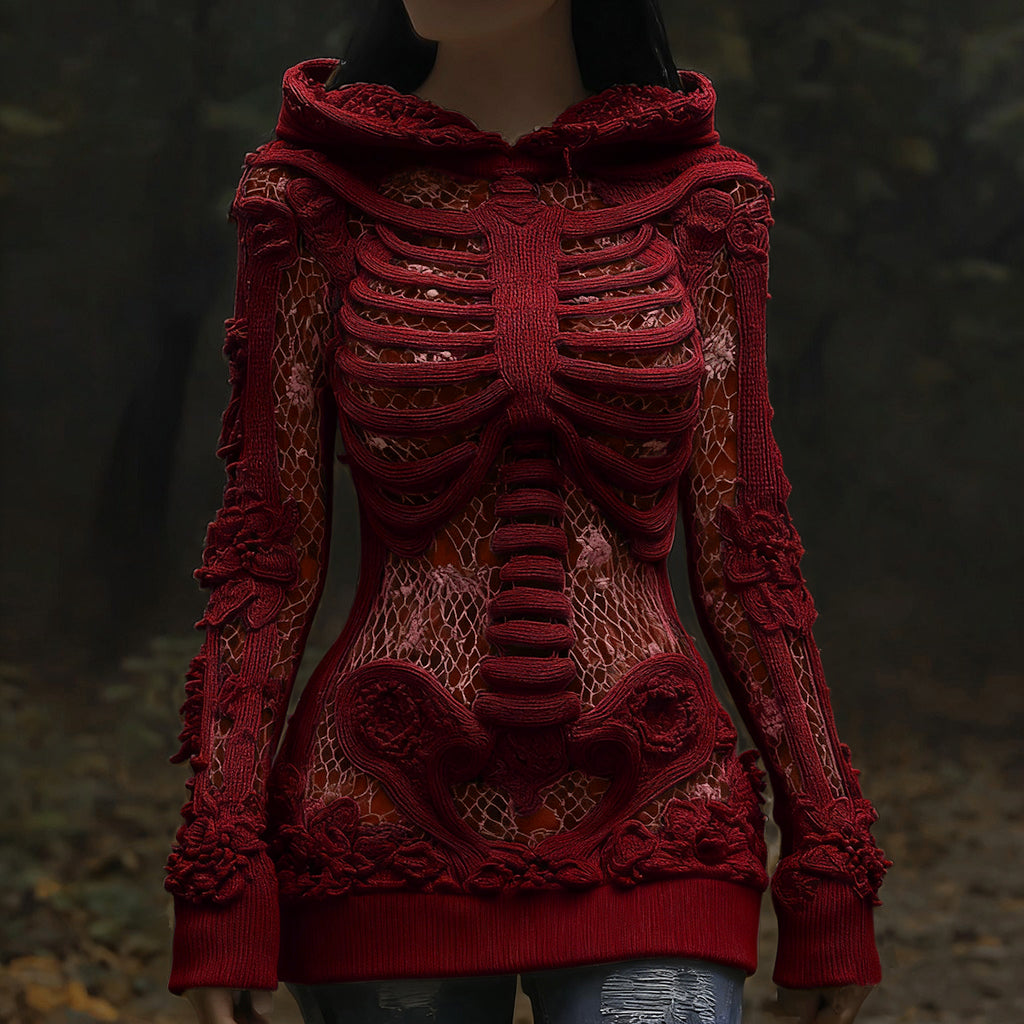 Vintage Halloween Anatomy And Rose Art Knit Hooded Sweater