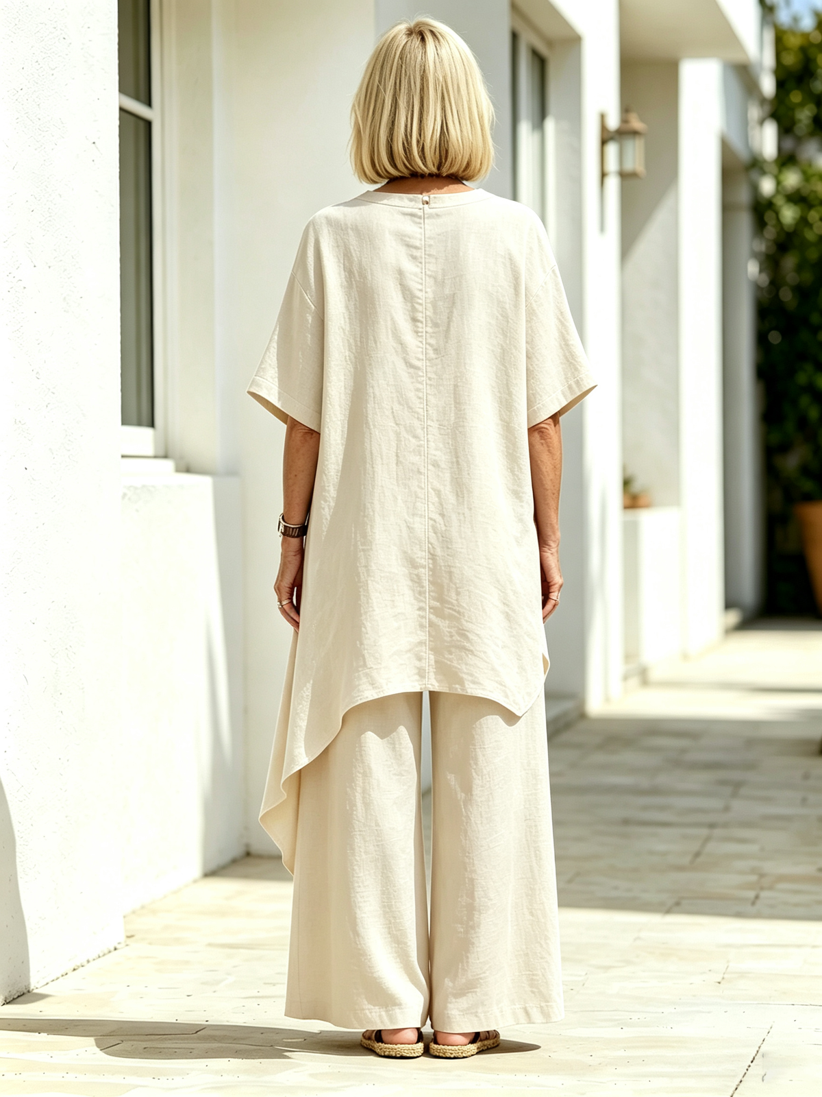 2Pcs Solid Color Cotton Linen Two-piece Outfit, Round Neck Short Sleeve Irregular Hem Tunic Top, Wide Leg Long Pants, Loose Relaxed Fit, Lightweight Breathable Fabric, Flowy Casual Coordinate Set for Daily, Holiday and Outdoor Occasions