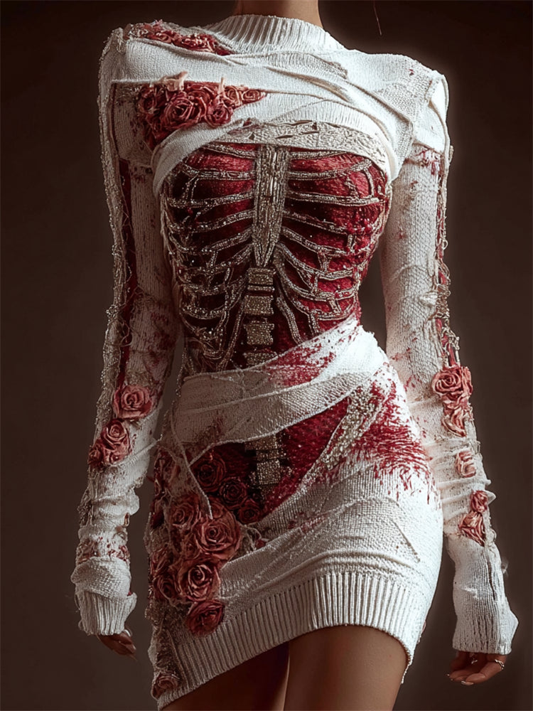 Classy Skeleton Anatomy Bloody Roses Bandages Knit Sweater Dress