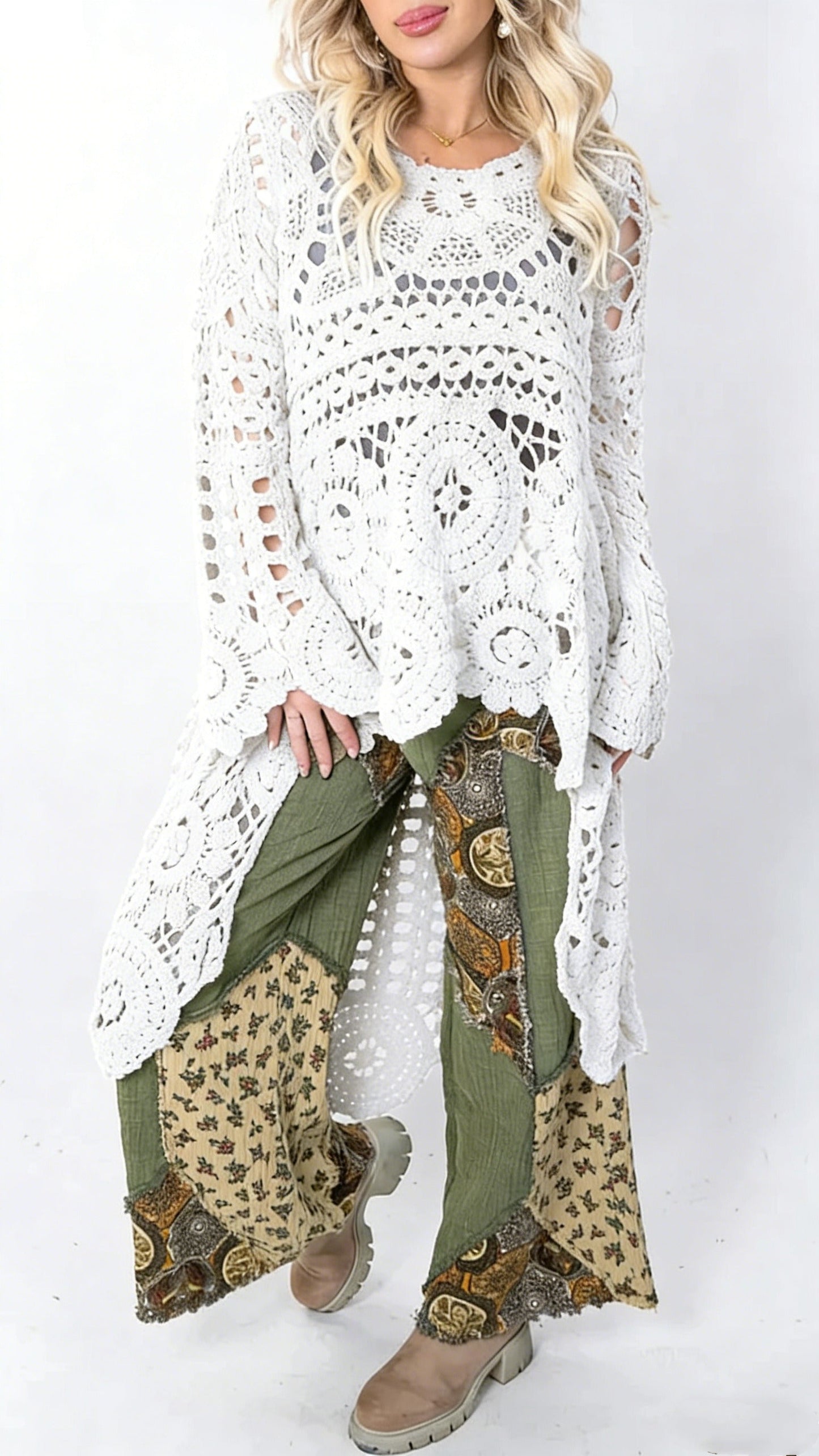 Women Round Neck Hollow Out Casual Long Top