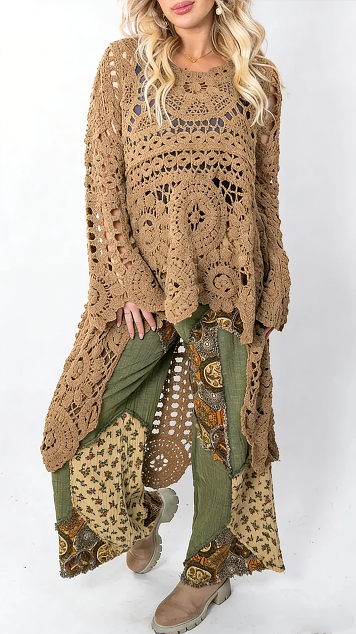 Women Round Neck Hollow Out Casual Long Top