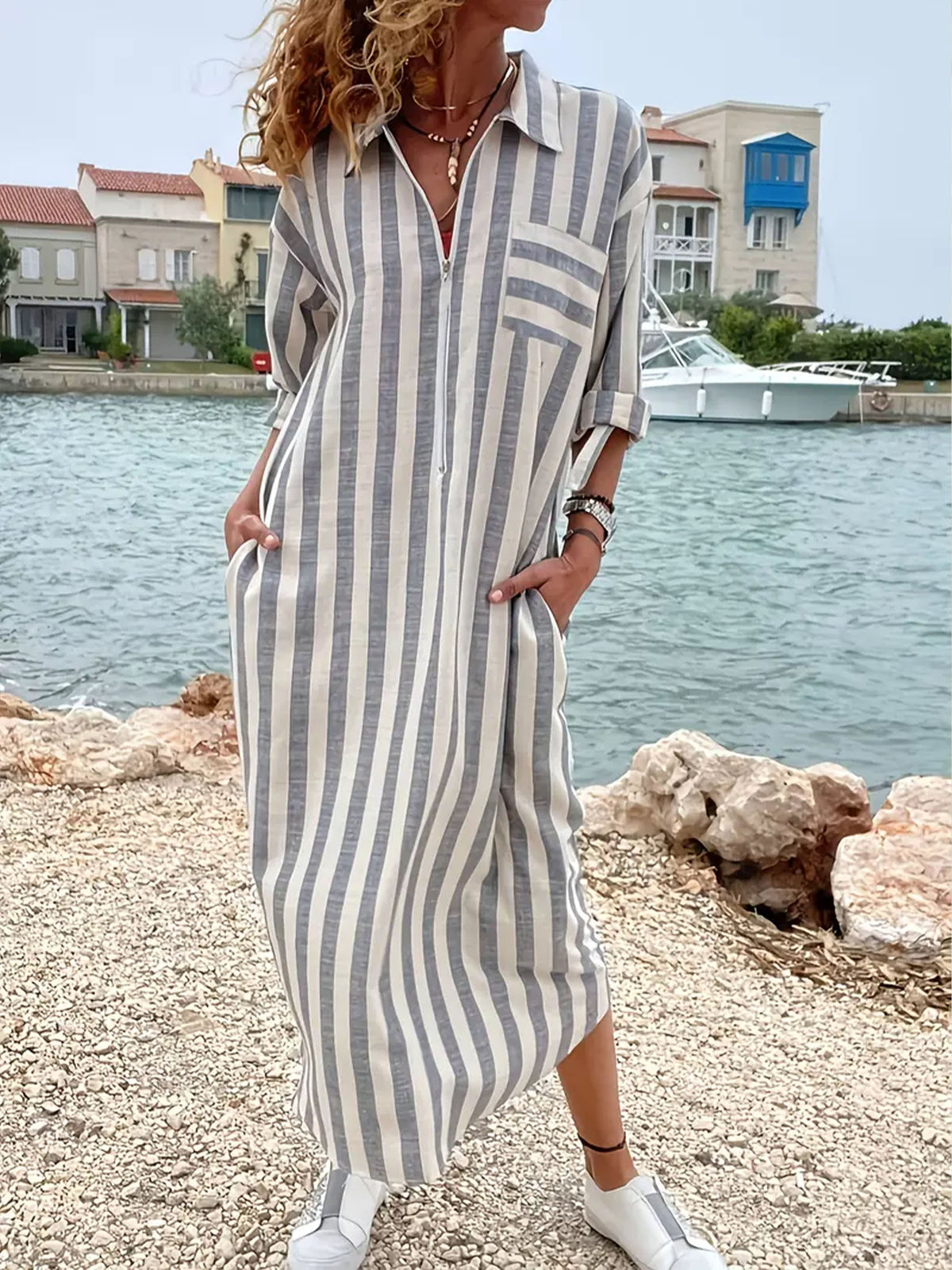 Women's Casual Lapel Long Sleeve Striped Print Dress