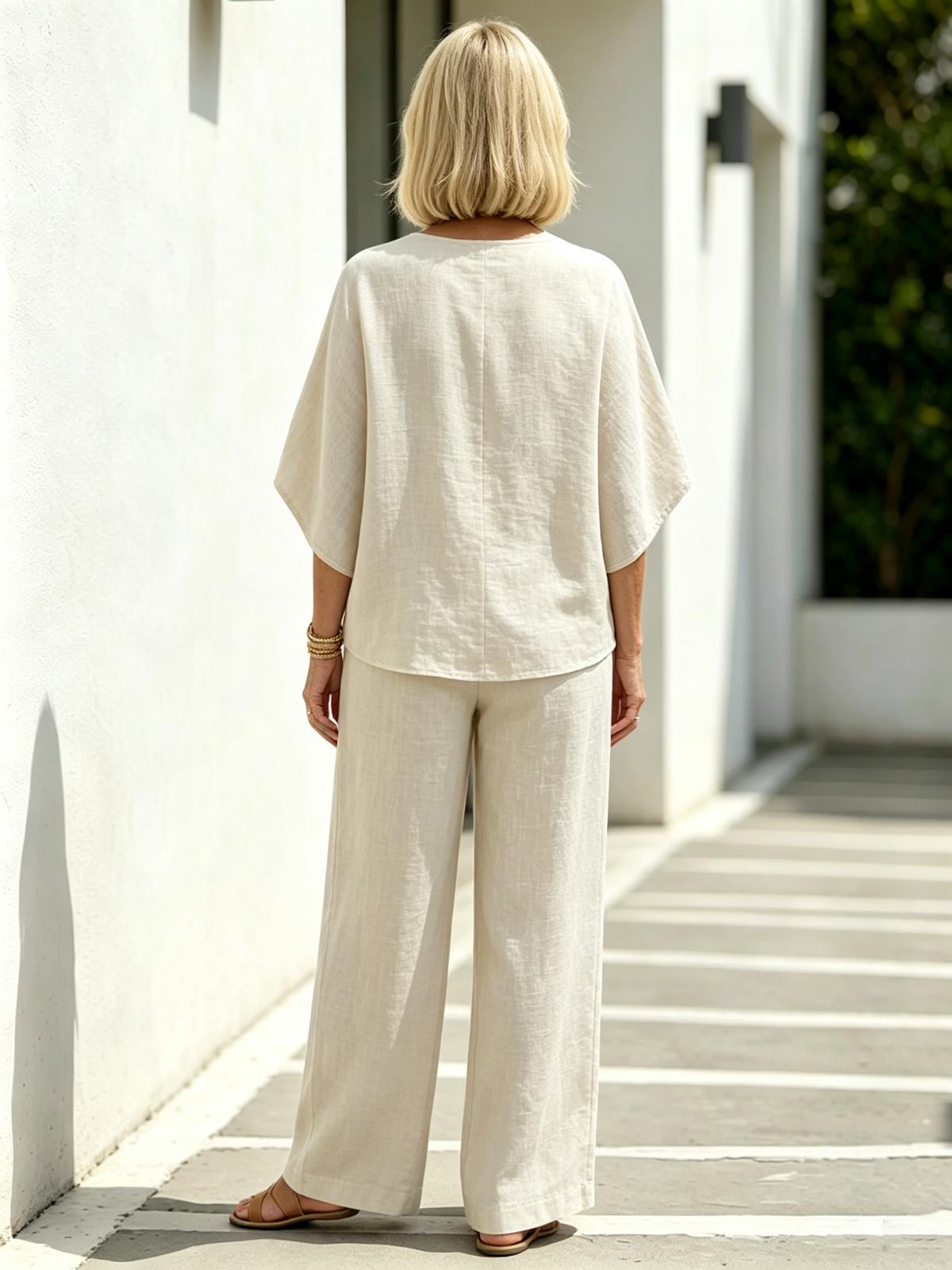 2Pcs Cotton and Linen Stand-up Collar Seven-quarter Sleeve Loose Sleeve Casual Suit