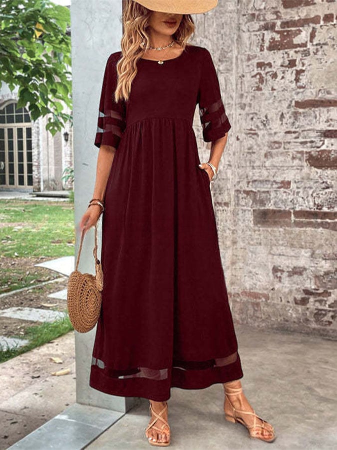 Women'S Casual Five-Quarter Sleeve Mesh Round Neck Patchwork Pocket Dress