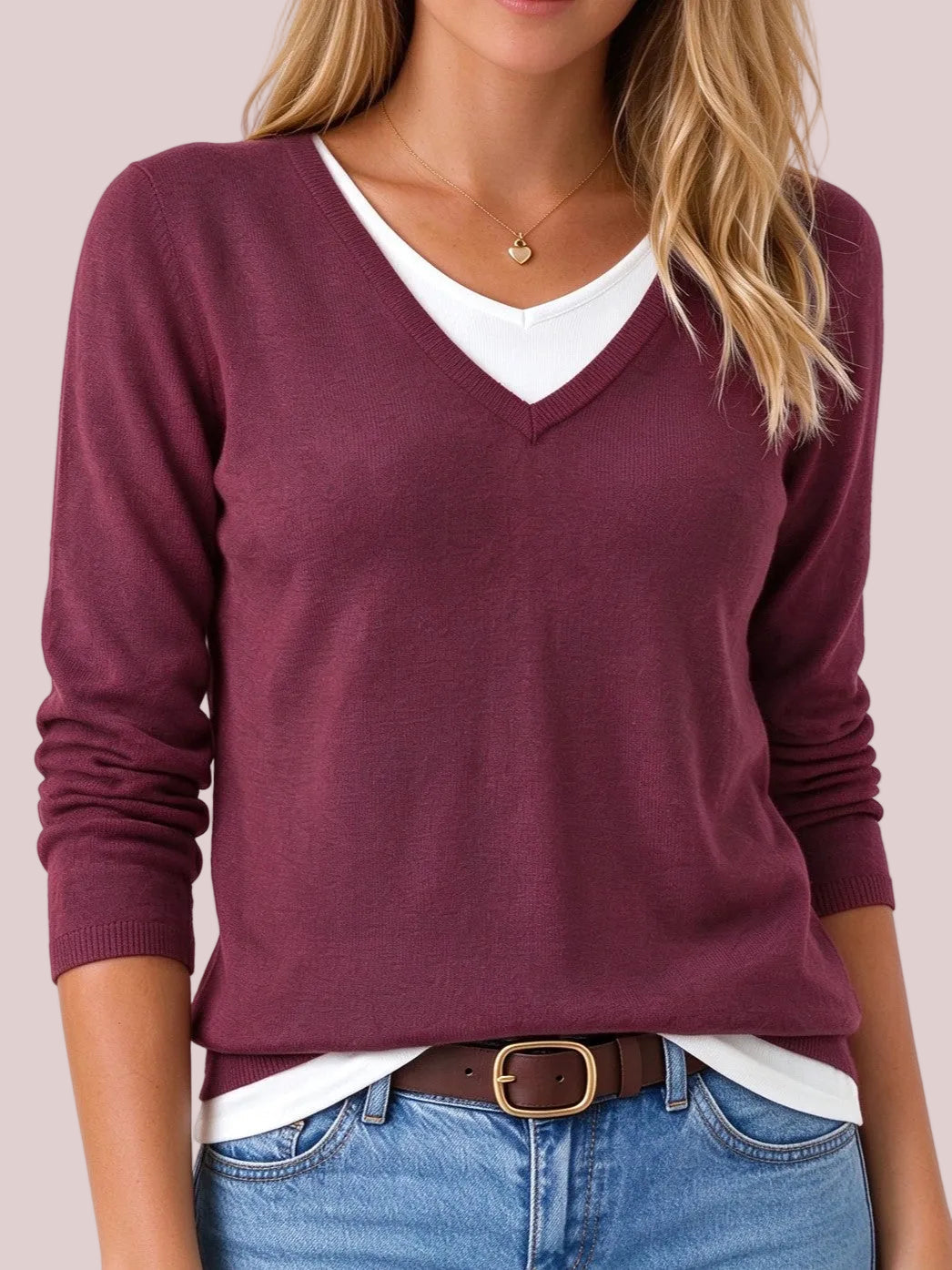Women's V Neck Faux Two Piece Knit Sweater
