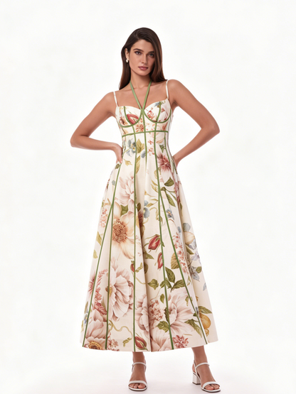 Cream Floral Corset Bustier Midi Dress