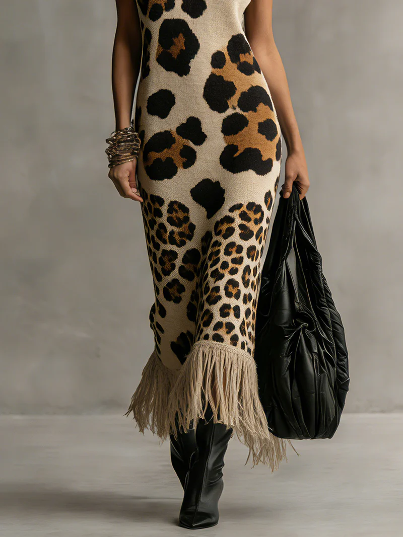 Brown Leopard Print Knitted Tassel Sleeveless Maxi Dress