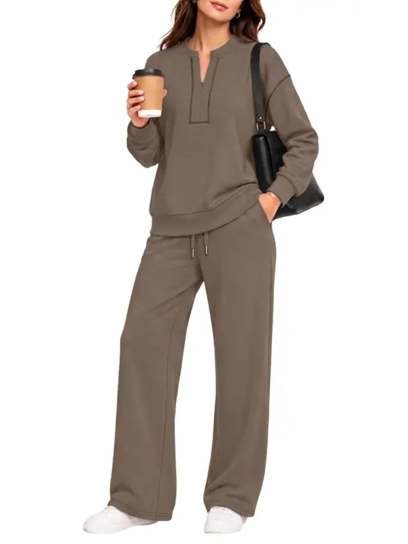Contrast‑Stitch Notched Neck 2‑Piece Loungewear Set