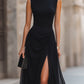 Draped High-Slit Layered Maxi Evening Dress