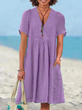 Women' Casual Solid Color Cotton And Linen Short-Sleeved Dress