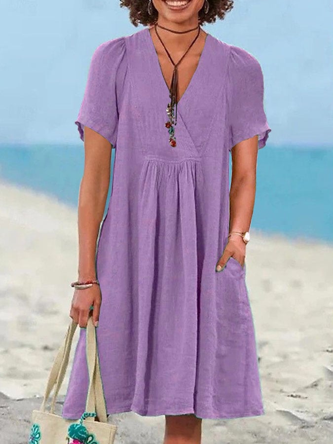 Women' Casual Solid Color Cotton And Linen Short-Sleeved Dress