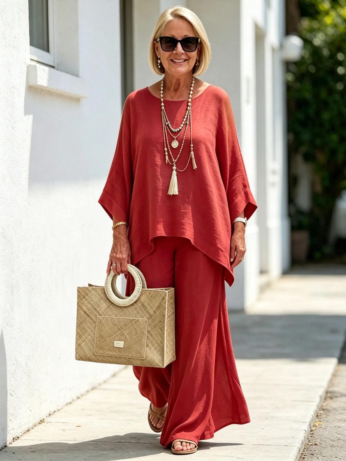 2Pcs Elegant Women Solid Linen‐Blend Two‐Piece Set, Oversized Batwing Sleeve Uneven Hem Tunic Blouse, Breathable Flowy Wide Leg Floor‐Length Pants, Loose Comfortable Casual Co‐ord Suit for Beach Holiday Daily Street Wear
