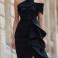 Black One-Shoulder Ruffled Evening Gown With Asymmetric Slit