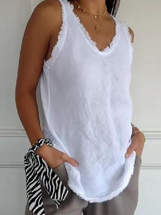 Women'S Sleeveless Tassel Stitching Casual Solid Color Cotton And Linen Vest
