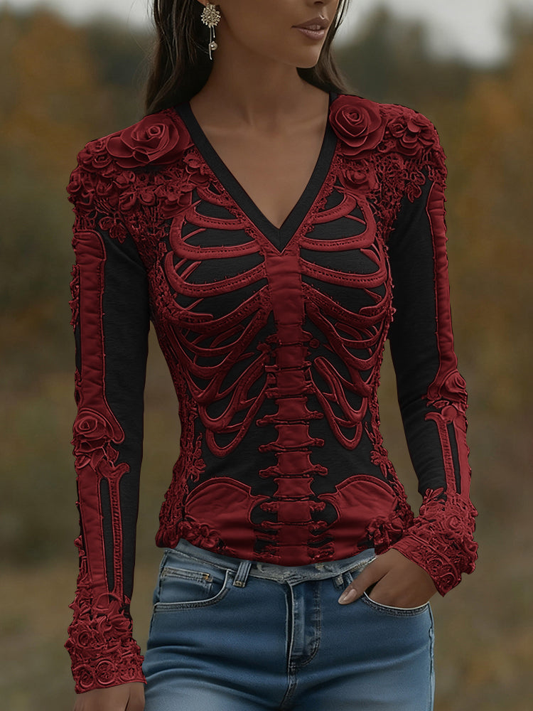 Women's Halloween Skeleton Bones With Roses Art Casual Long Sleeve V Neck T-shirt