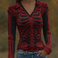 Women's Halloween Skeleton Bones With Roses Art Casual Long Sleeve V Neck T-shirt