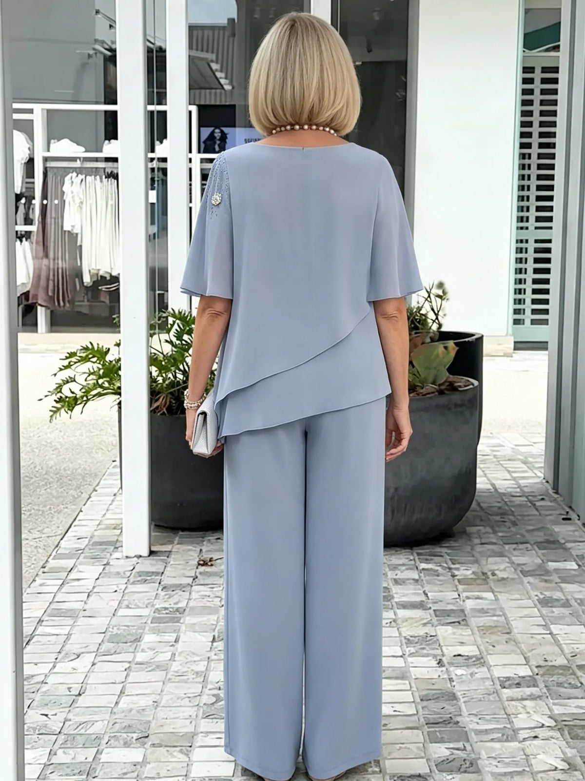 Women's 2 Piece Pants Outfit Set, Asymmetric Neck Flutter Sleeve Beaded Chiffon Top & Wide Leg Trousers, Elegant Loose Matching Two Piece Set for Wedding Guest Daily
