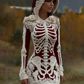 Women's Vintage Halloween Skeleton Bones With Rose Art Cozy Knit Hooded Sweater Dress