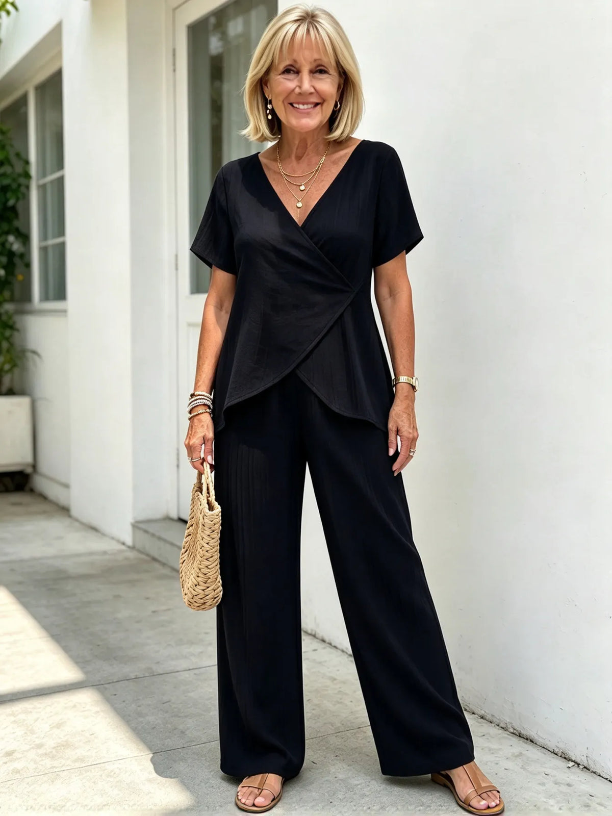 2Pcs Casual Cross Irregular Summer Set Wide Leg Pants Set