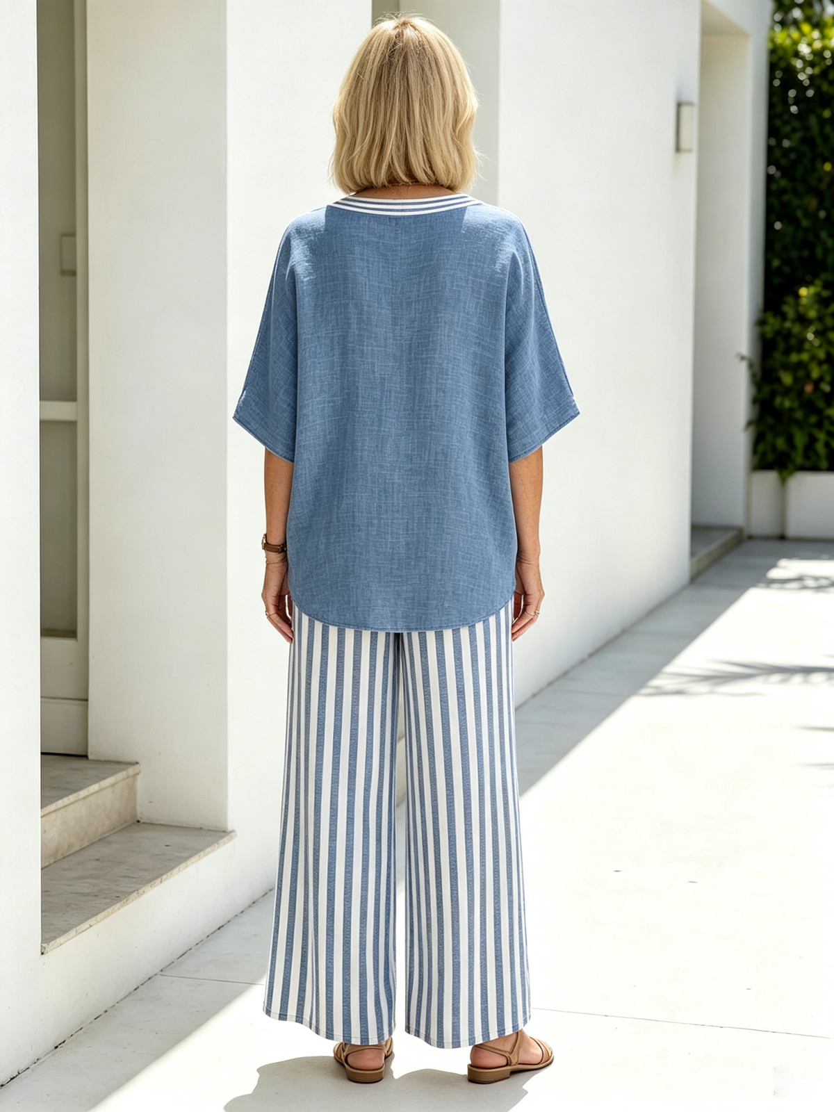 Women Cotton Linen Vacation Two-Piece Outfit Set, Contrast White Striped V-Neck Loose Short Sleeve Top With Striped Cuffs, Matching Green Vertical Striped High Waist Wide Leg Trousers, Lightweight Breathable Textured Fabric Relaxed Fit Casual Holiday Comm