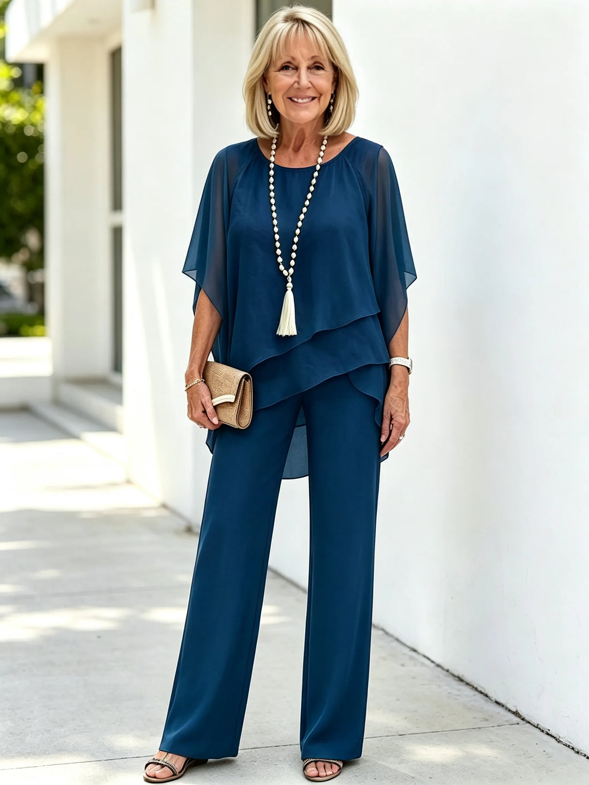 2 Piece Pant Set, Round Neck Keyhole Cutout Chiffon Cape Top, Irregular Layered Hem, Loose Flowy Batwing Sleeves, High Waist Straight Wide Leg Trousers, Lightweight Sheer Fabric, Elegant Outfit Set for Wedding Guest and Formal Occasions