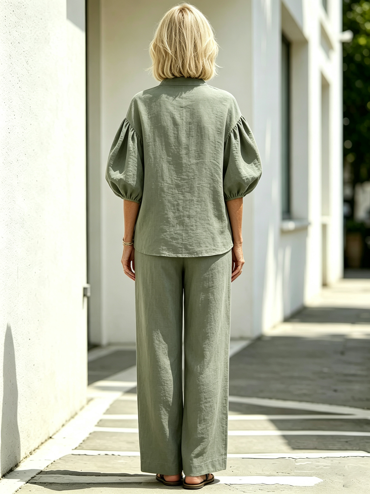 2Pcs Casual Matching Outfit Set, Stand Collar Half Zipper Top, Lantern Puff Sleeve Blouse, Solid Lightweight Textured Fabric, Elastic Drawstring Waist Wide Leg Long Pants, Relaxed Loose Fit Co-Ord Suit for Daily Leisure and Vacation