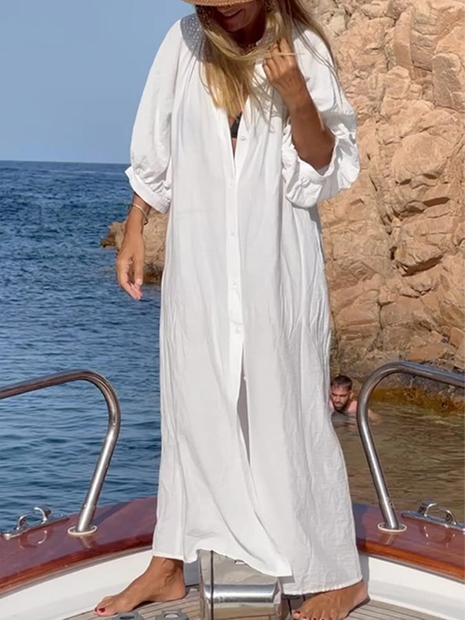 Women'S Casual Lantern Sleeve Cotton And Linen Shirt Dress