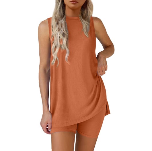 Sleeveless Crewneck Women's 2 Piece Sets Summer Matching Lounge Shorts Set Resort Airport Travel Outfit Split Hem Casual Clothes Basic Fitted Homewear