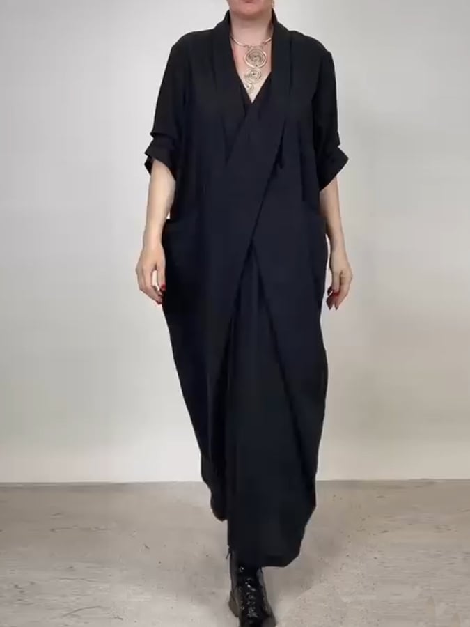 Women'S Casual Large Pocket Crossover V-Neck Cotton And Linen Dress