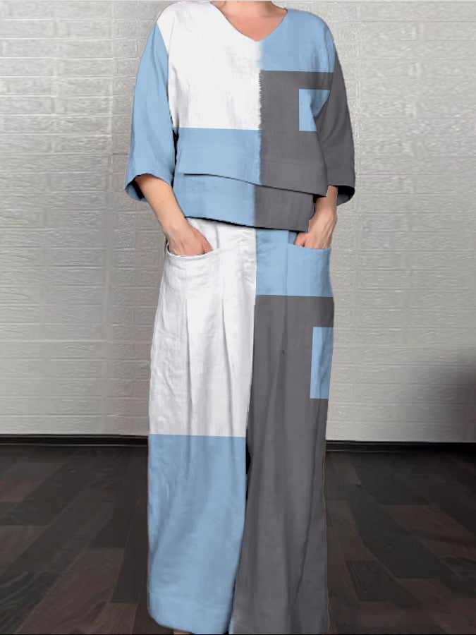 Women'S Casual Color Block Pattern Print Irregular Cotton And Linen Suit
