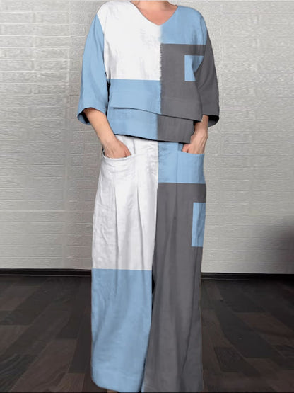 Women'S Casual Color Block Pattern Print Irregular Cotton And Linen Suit