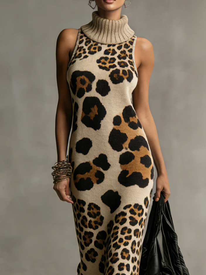 Brown Leopard Print Knitted Tassel Sleeveless Maxi Dress