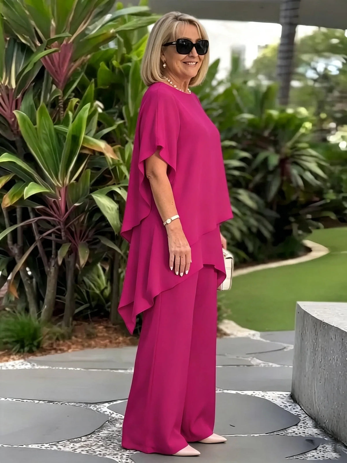 Women's 2 Piece Chiffon Pants Set, Round Neck Sheer Flutter Sleeve Asymmetric Double Layer Tunic Top & Wide Leg Trousers, Elegant Loose Matching Outfit for Wedding Guest Formal Occasions