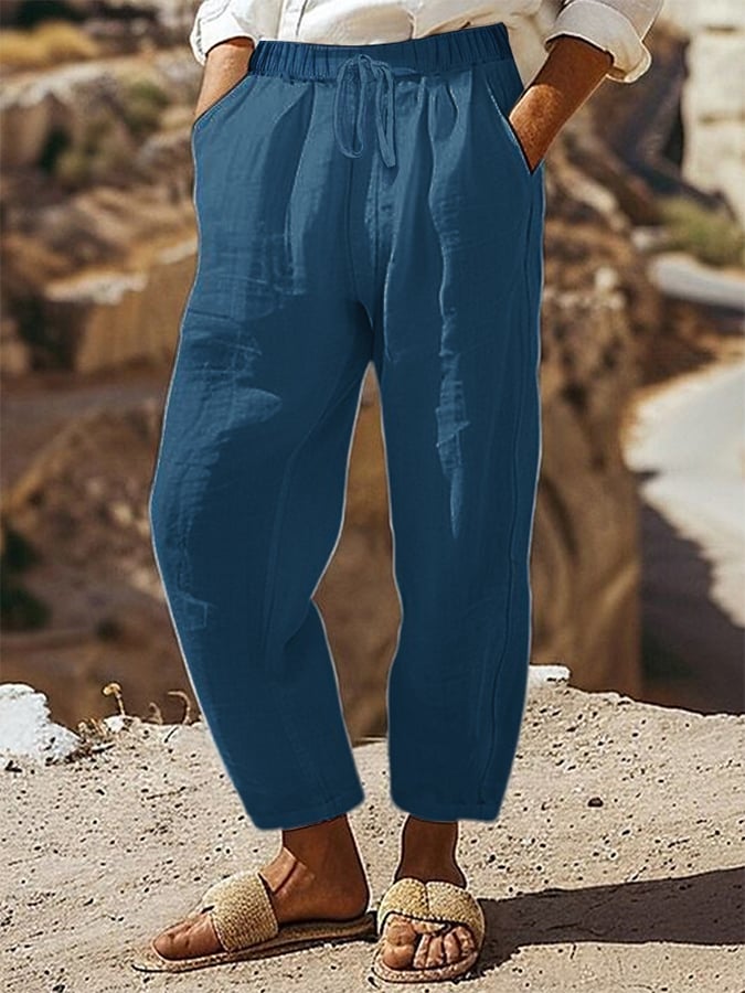 Women's Casual Regular Drawstring Pocket Cotton and Linen Pants