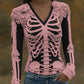 Women's Halloween Skeleton Bones With Roses Art Casual Long Sleeve V Neck T-shirt